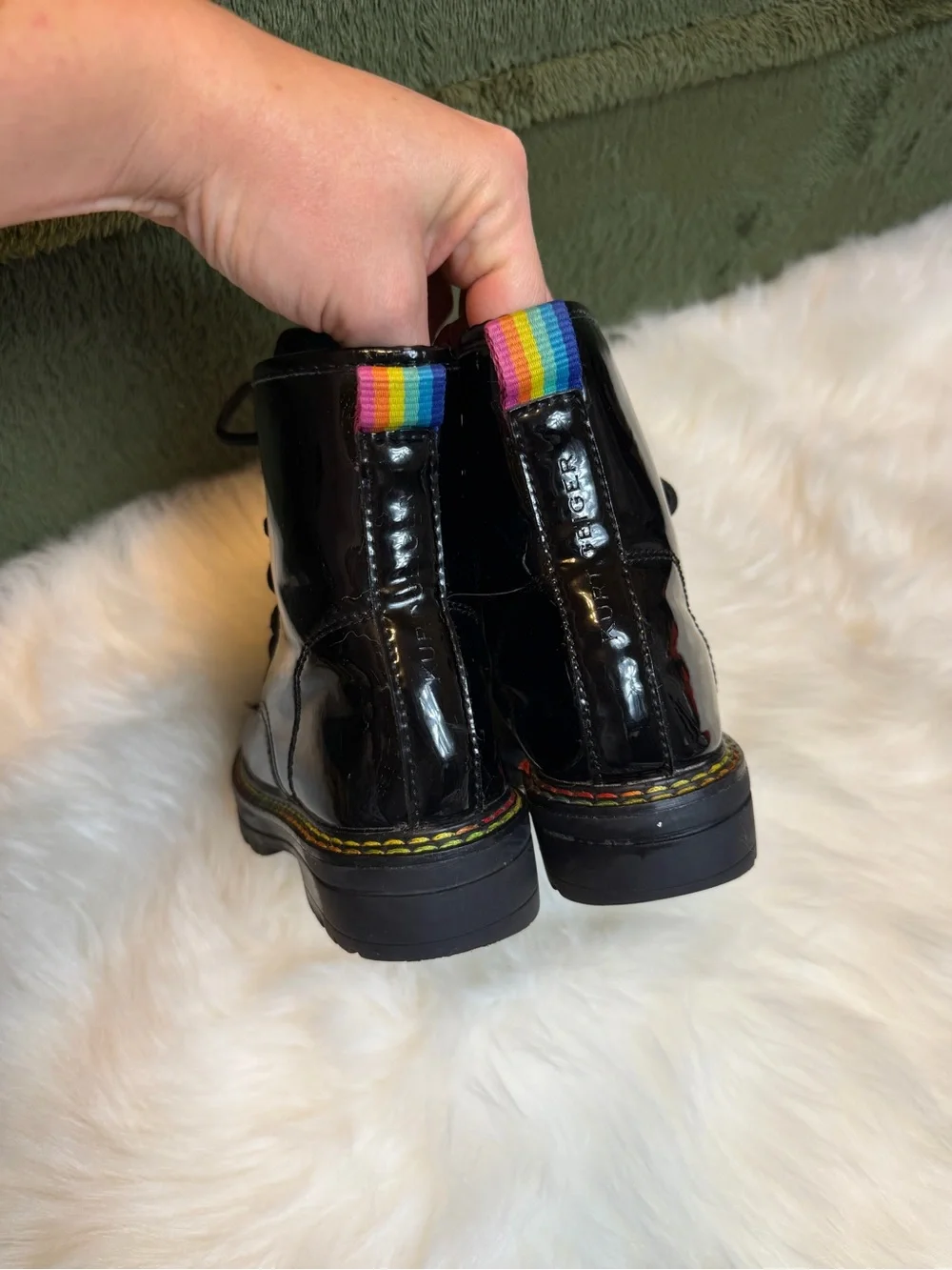 Kurt Geiger London Kids Mini Birdie Black Patent & Rainbow Combat Boots Size 10C